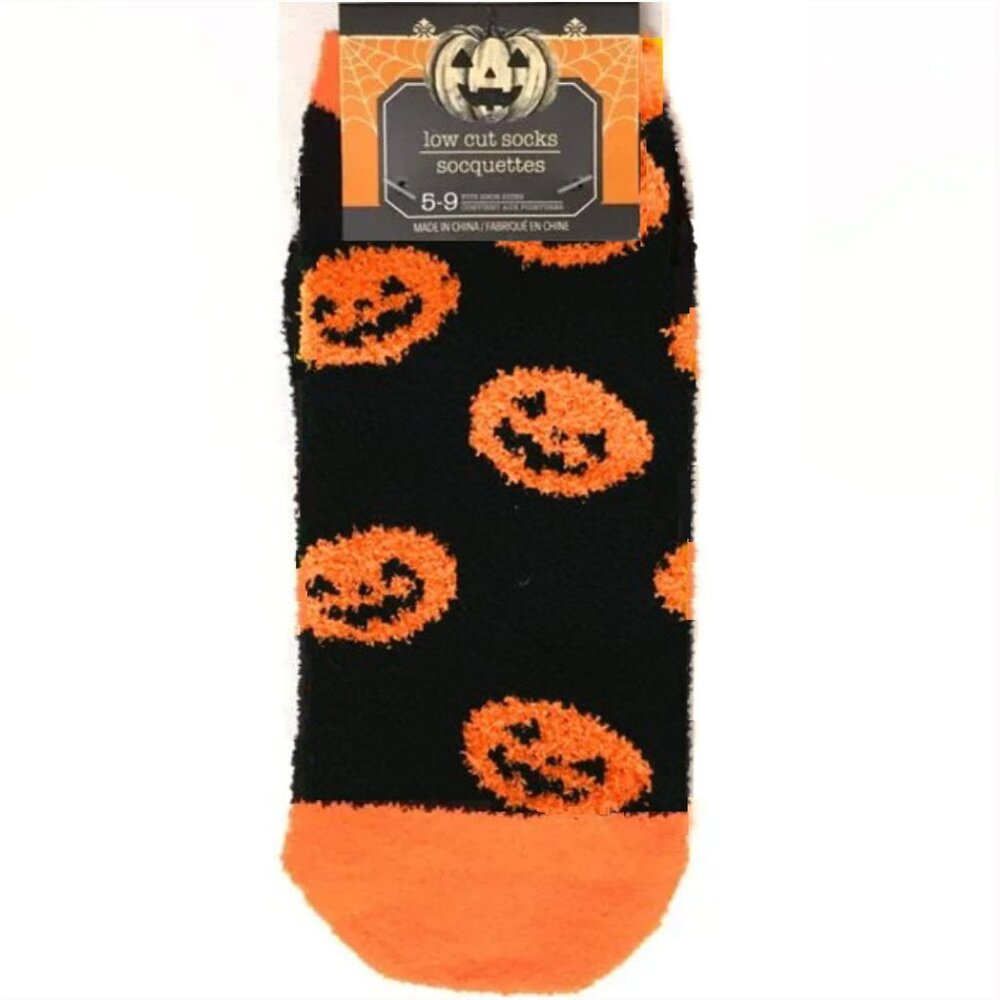 Fuzzy Jack-O-Lantern Halloween Slipper Socks - Picture 1 of 3